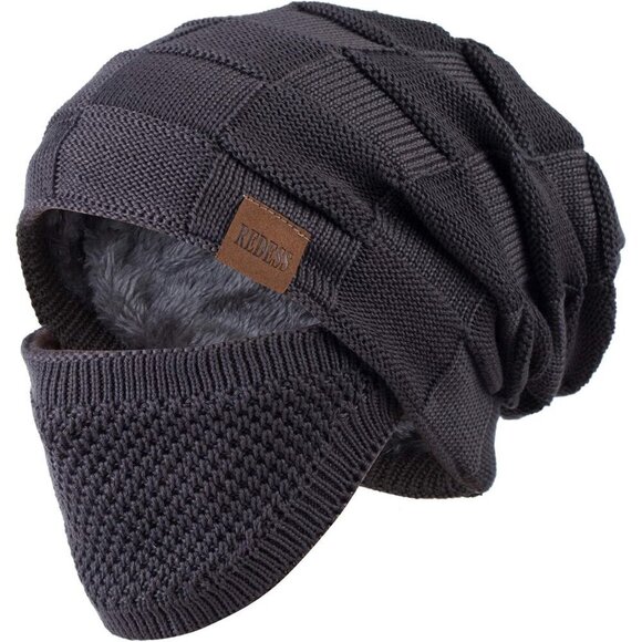 Other - Men & Women D3 Pure Dark Gray Winter Warm Knit Slouchy Skull Cap with Face Cover